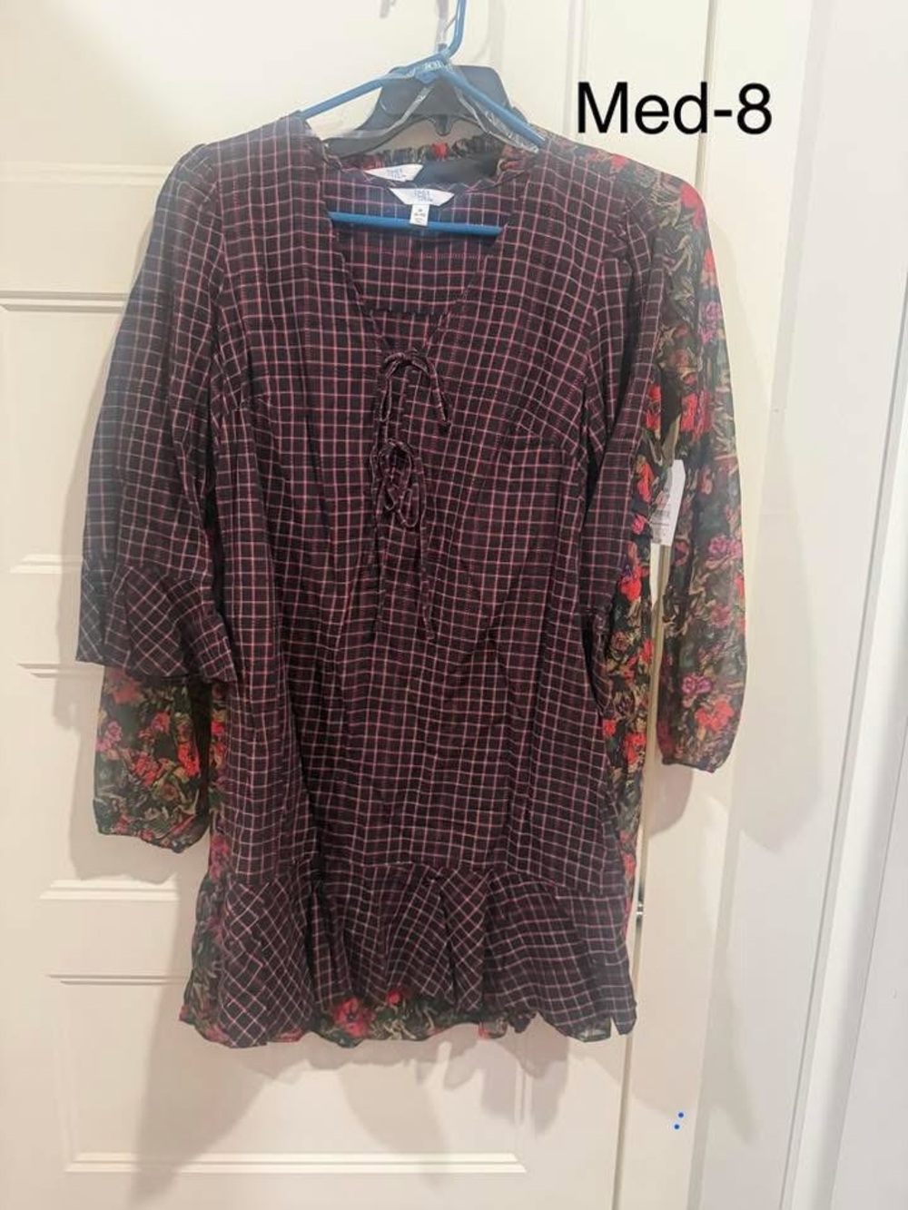 Black & Pink Plaid Floral Tie-Front Dress